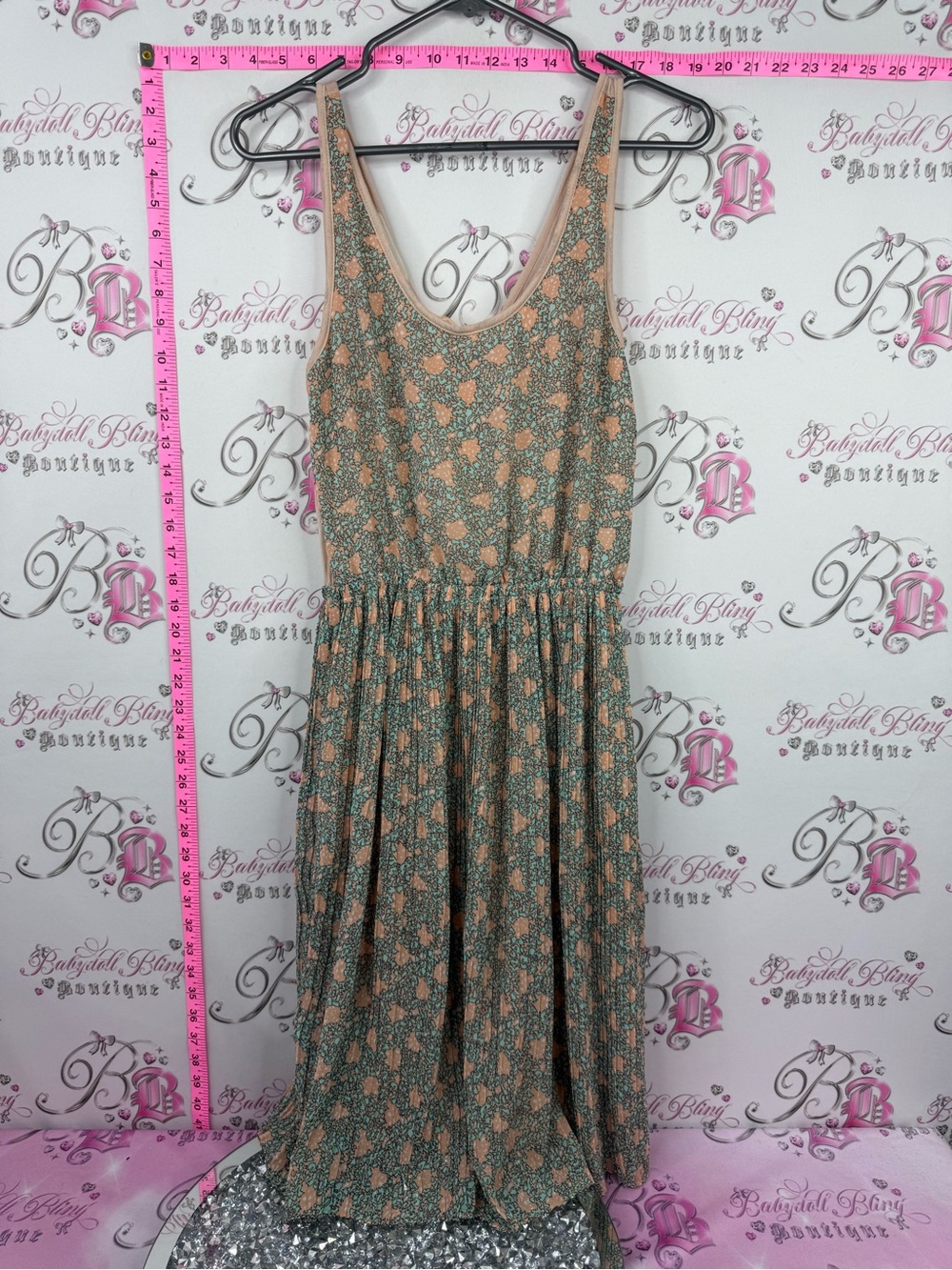 Sleeveless Midi Dress in Peach Floral black blue - Lightweight ties ribbons